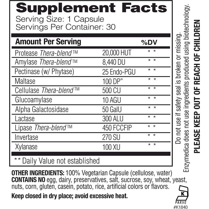 Enzymedica Digest Basic 30 capsules supplement facts label