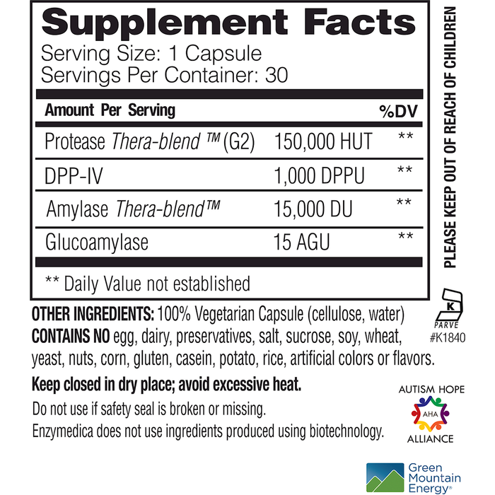 Enzymedica GlutenEase Extra Strength 30 capsules supplement facts label