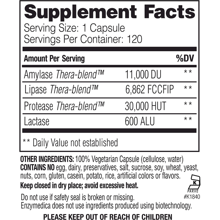 Enzymedica Lypo Gold 120 capsules supplement facts label