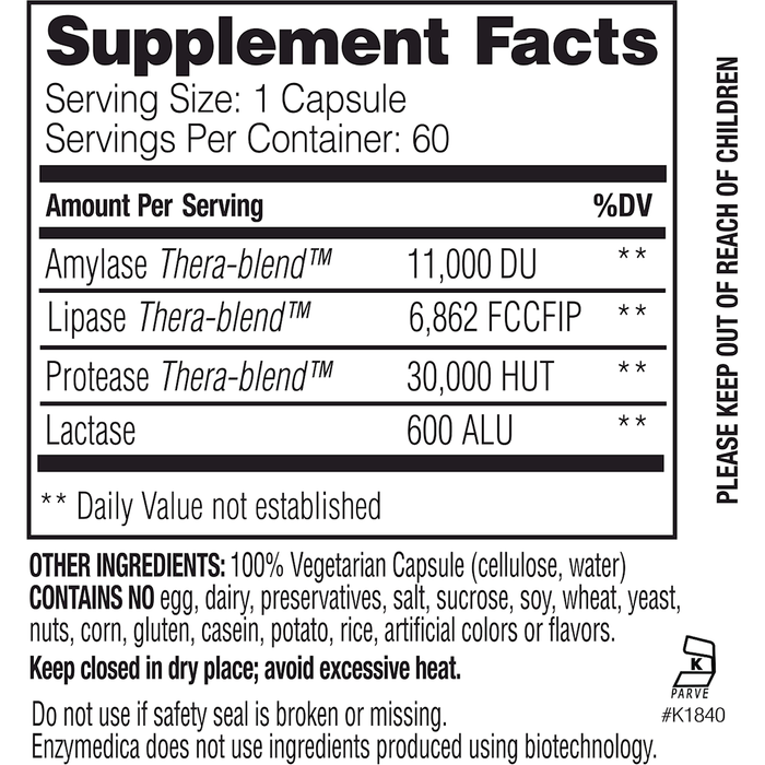 Enzymedica Lypo Gold 60 capsules supplement facts label