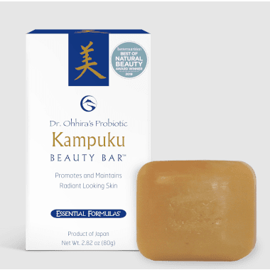 Essential Formulas Dr. Ohhira's Probiotic Kampuku Beauty Bar, 80 g, front of box and soap bar
