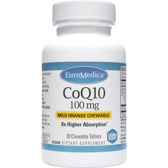 EuroMedica CoQ10 Orange 100 mg, 30 chewable tablets, front of bottle