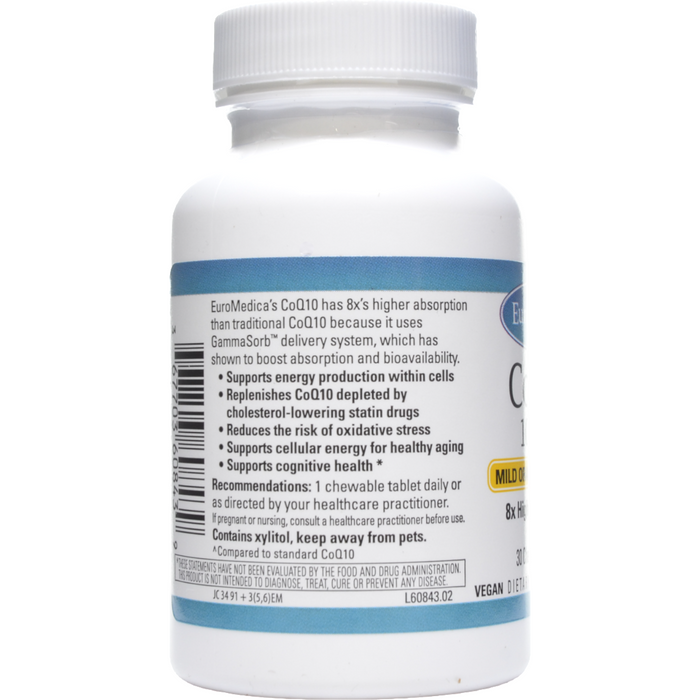 EuroMedica CoQ10 Orange 100 mg 30 chewable tablets suggested use label