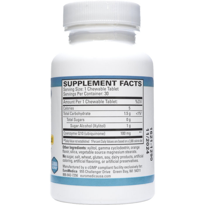 EuroMedica CoQ10 Orange 100 mg 30 chewable tablets supplement facts label