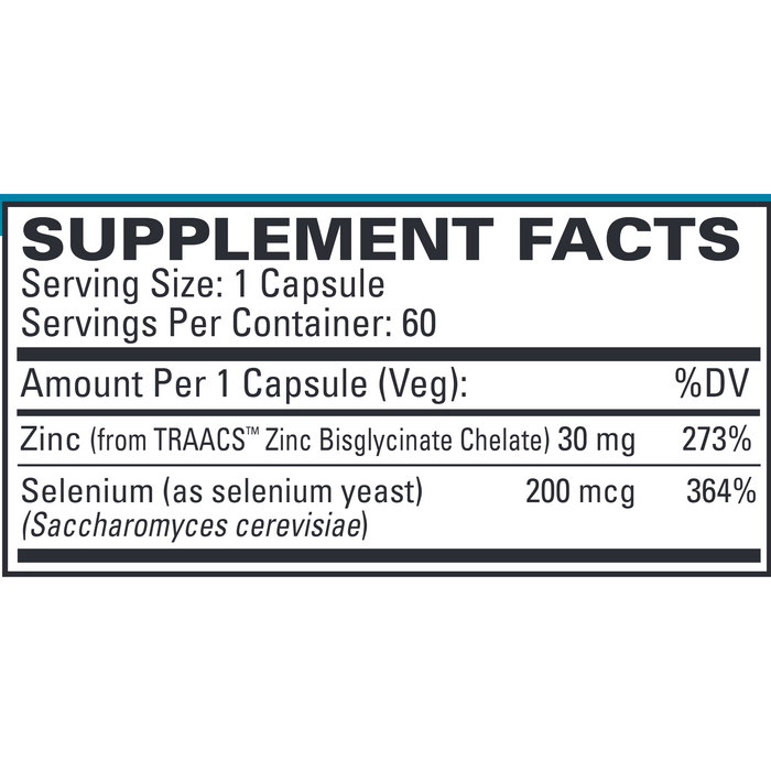 EuroMedica Zinc plus Selenium 60 capsules supplement facts label