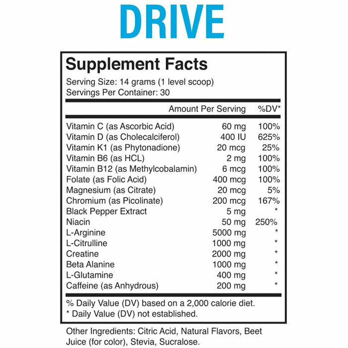 Fenix Nutrition Drive Endurance Pre-Workout Strawberry Banana 14.8 oz supplement facts label
