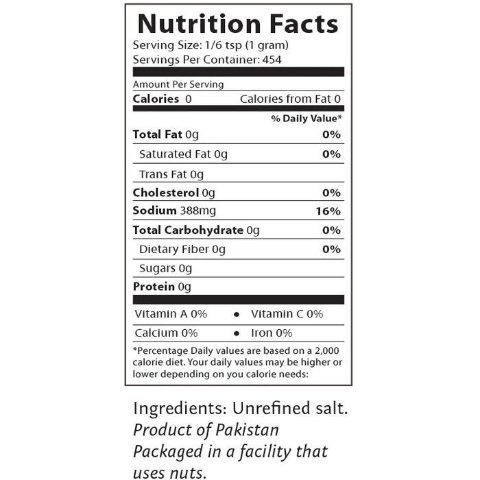 Foods Alive Himalayan Pink Salt 16 oz nutrition facts label