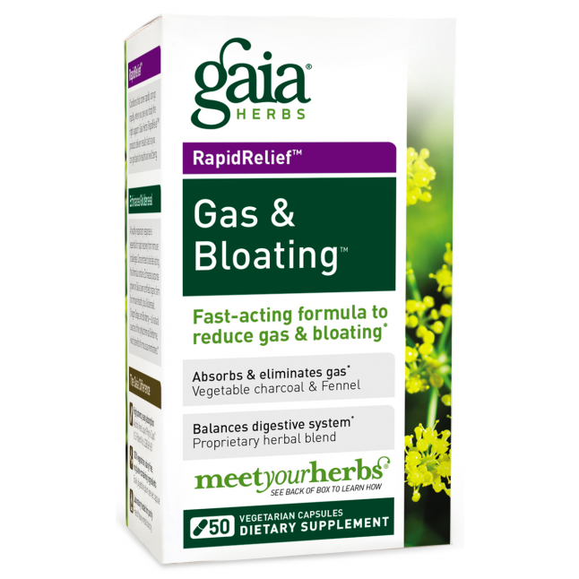 Gaia Herbs Gas & Bloating, 50 capsules, front of bottle