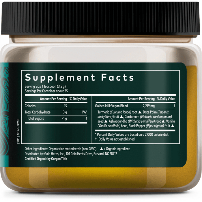 Gaia Herbs Golden Milk Powder 4.3 oz supplement facts label