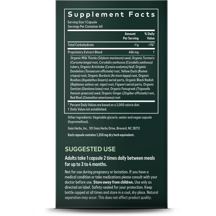 Gaia Herbs Liver Cleanse 60 liquid phyto-caps supplement facts label