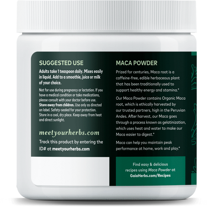 Gaia Herbs Maca Powder 8 oz supplement facts label, second view