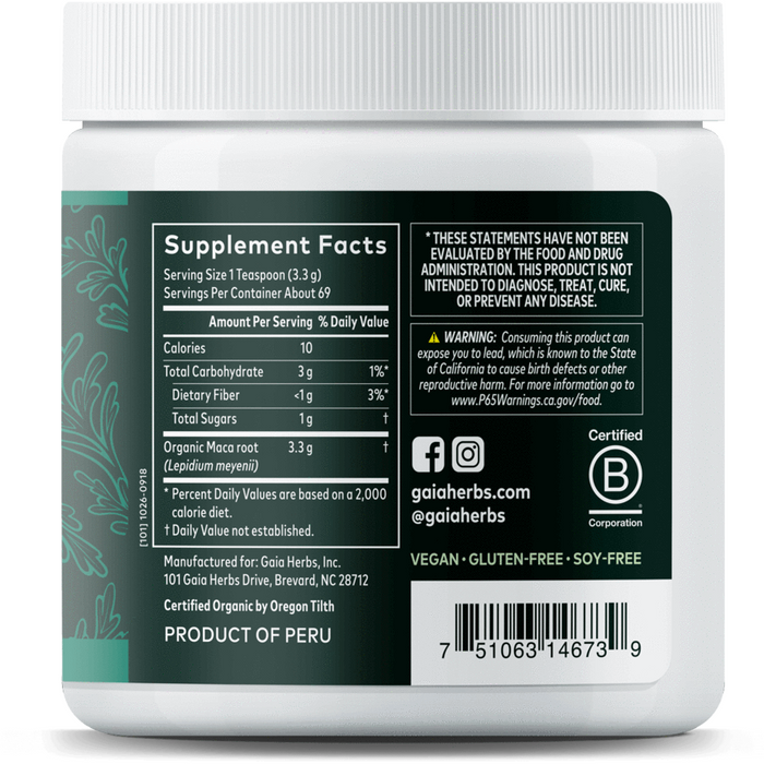 Gaia Herbs Maca Powder 8 oz supplement facts label