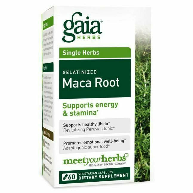 Gaia Herbs Maca Root 500 mg, 60 veg capsules, front of bottle