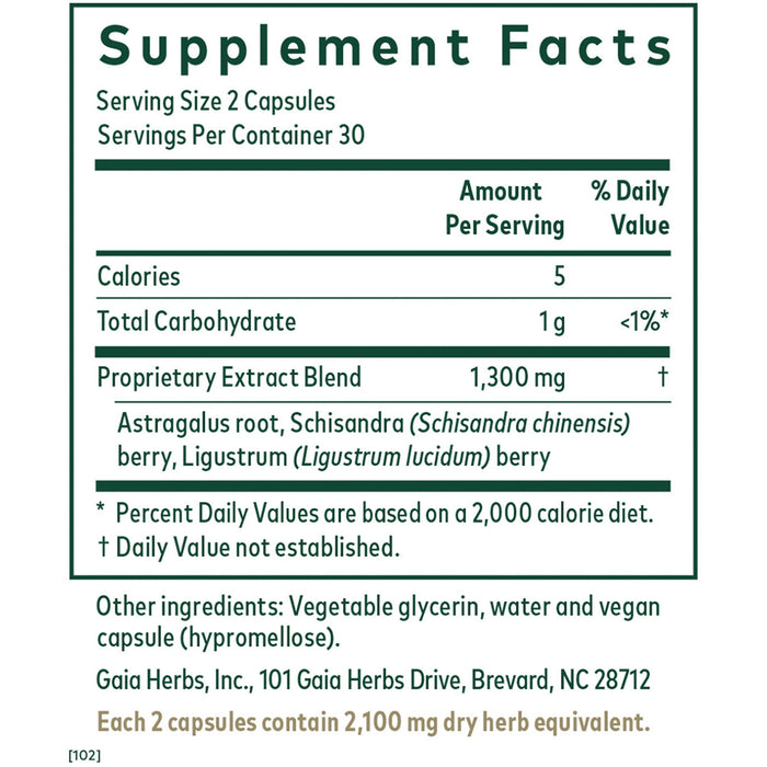 Gaia Herbs PRO 3-in-1 Immune Formula 60 liquid phyto-caps supplement facts label