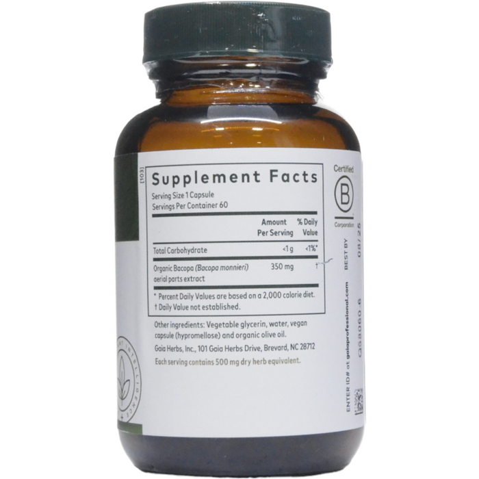 Gaia Herbs PRO Bacopa 350 mg 60 liquid phyto-caps supplement facts label