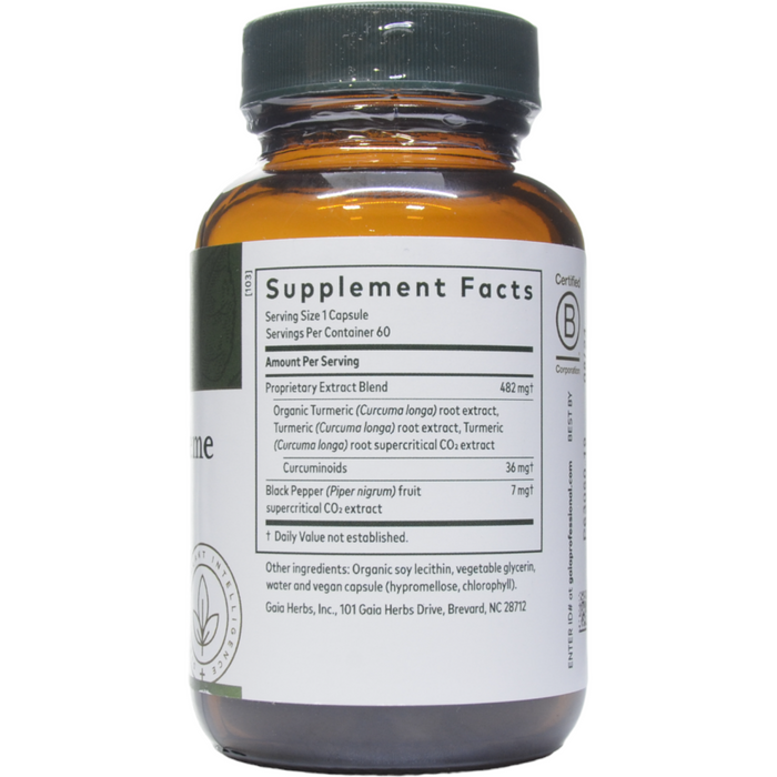 Gaia Herbs PRO Curcuma Supreme NF-kB Formula Cytokine Support 60 liquid phyto-caps supplement facts label