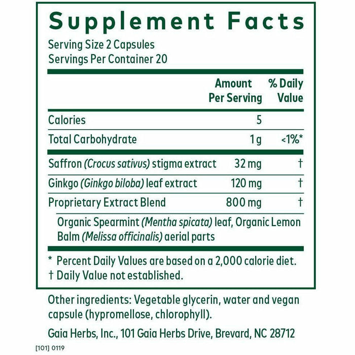 Gaia Herbs PRO Nootropic Focus 40 liquid phyto-caps supplement facts label