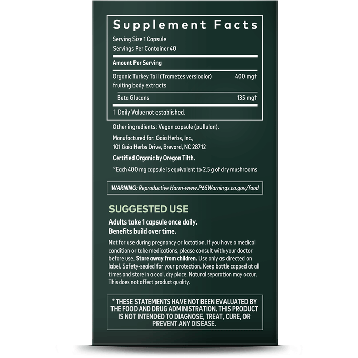 Gaia Herbs Turkey Tail Mushroom 400 mg 40 capsules supplement facts label