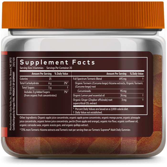 Gaia Herbs Turmeric Supreme Extra Strength Gummies 60 gummies supplement facts label