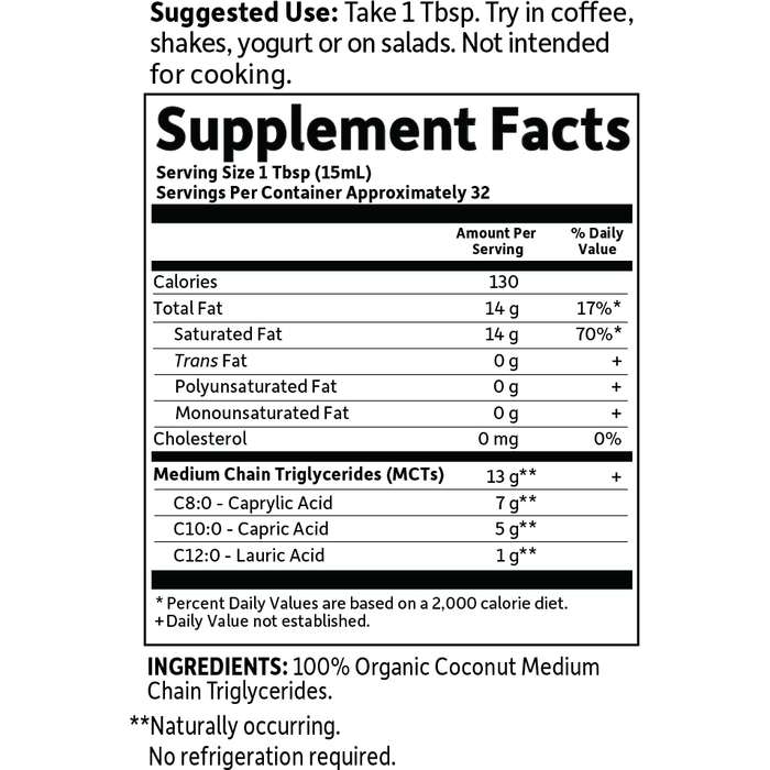 Garden of Life Dr. Formulated 100% Organic Coconut MCT Oil 16 fl oz supplement facts label