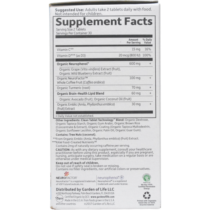 Garden of Life Dr. Formulated Memory & Focus Adults 40+ 60 tablets supplement facts label