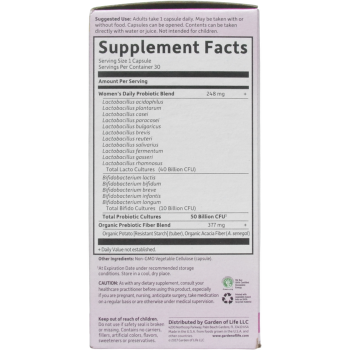 Garden of Life Dr. Formulated Probiotics Once Daily Women's 30 veg capsules supplement facts label