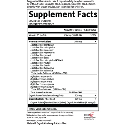 Garden of Life Dr. Formulated Probiotics Urinary Tract+ 60 veg capsules supplement facts label