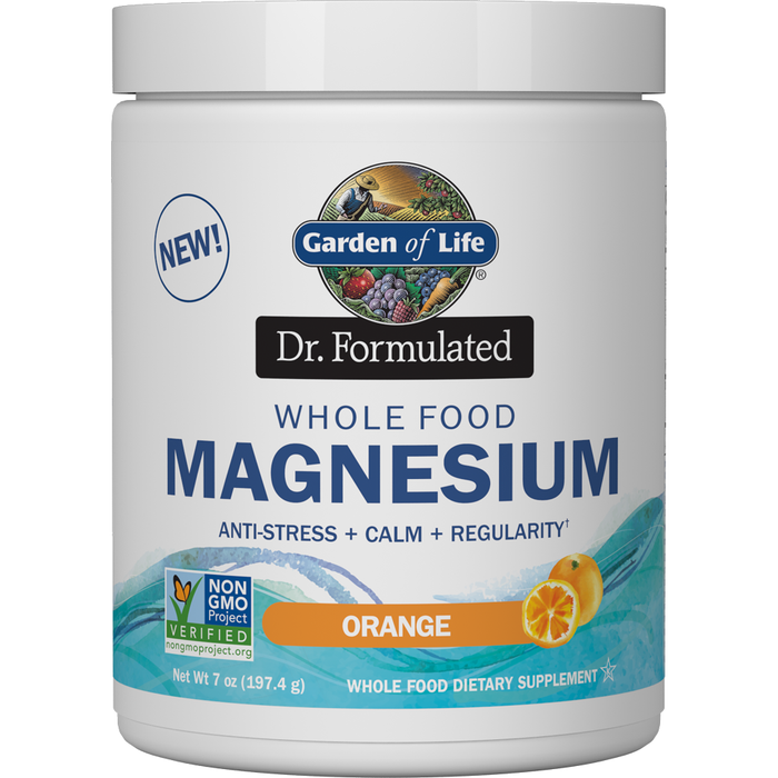 Garden of Life Dr. Formulated Whole Food Magnesium Orange, 7 oz, front of tub