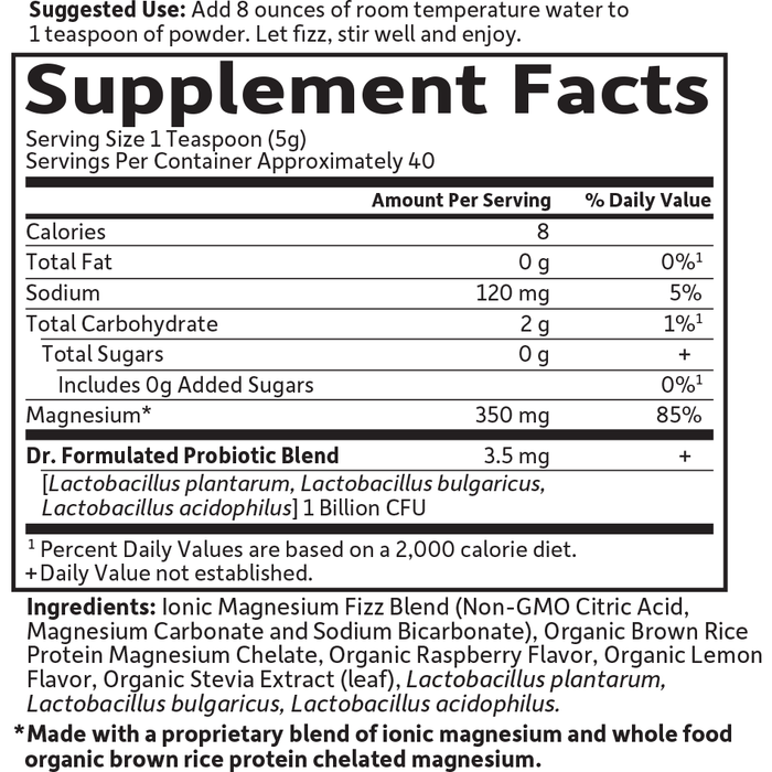 Garden of Life Dr. Formulated Whole Food Magnesium Raspberry Lemon 7 oz supplement facts label