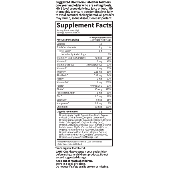 Garden of Life Kids Multivitamin Powder 2.11 oz supplement facts label