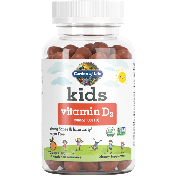 Garden of Life Kids Organic Vitamin D3 800 IU Gummies, 60 gummies, front of bottle