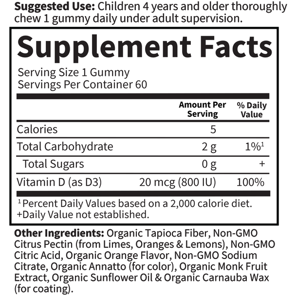 Garden of Life Kids Organic Vitamin D3 800 IU Gummies 60 gummies supplement facts label
