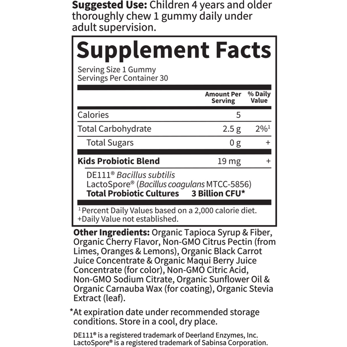 Garden of Life Kids Probiotic Gummies 3 Billion CFU Cherry 30 gummies supplement facts label