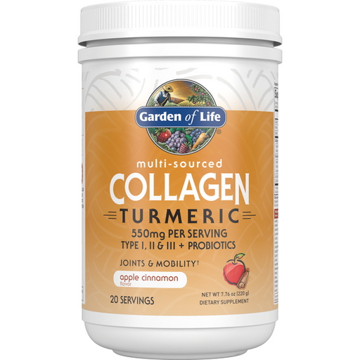 Garden of Life Multi Sourced Collagen Turmeric Apple Cinnamon, 7.76 oz, front of tub