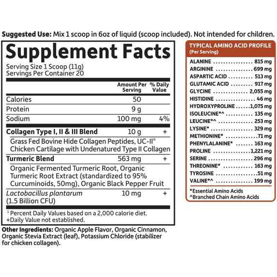 Garden of Life Multi Sourced Collagen Turmeric Apple Cinnamon 7.76 oz supplement facts label