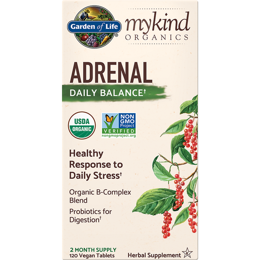 Garden of Life mykind Organics Adrenal Daily Balance, 120 tablets, front of box