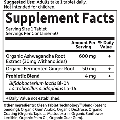 Garden of Life mykind Organics Ashwagandha Stress & Mood 60 tablets supplement facts label