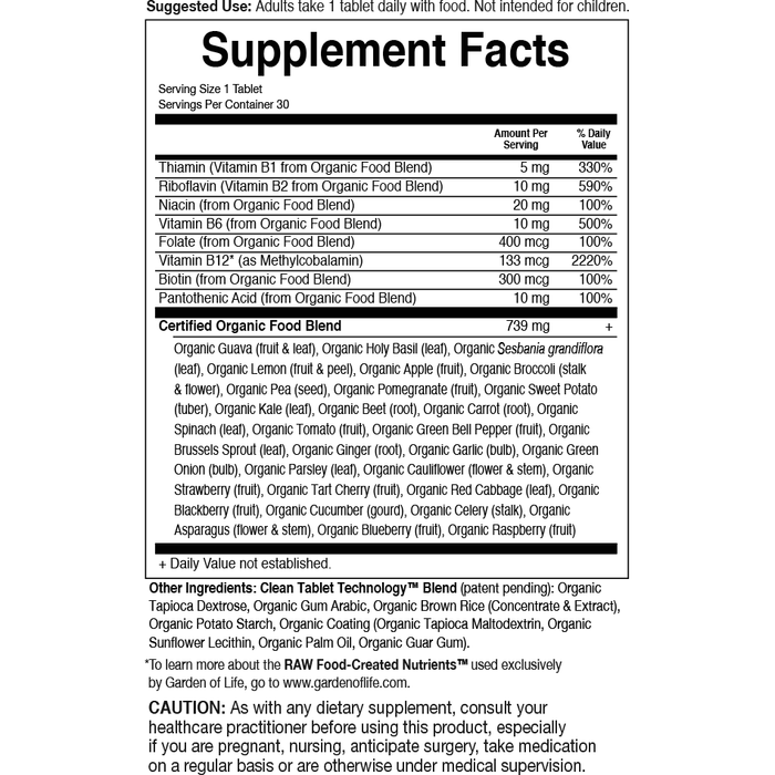 Garden of Life mykind Organics B-Complex 30 tablets supplement facts label