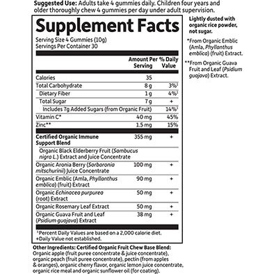 Garden of Life mykind Organics Elderberry Immune Gummies 120 gummies supplement facts label