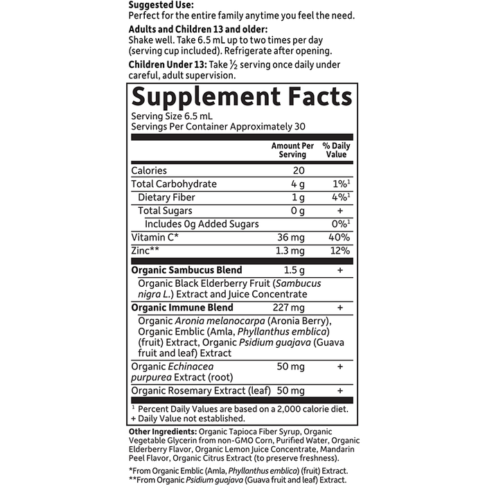 Garden of Life mykind Organics Elderberry Syrup 6.5 fl oz supplement facts label