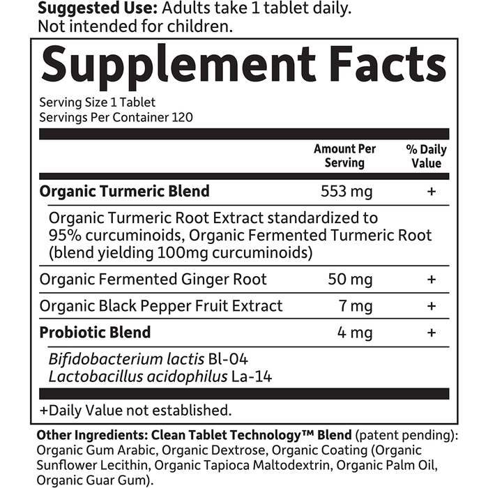 Garden of Life mykind Organics Extra Strength Turmeric 120 tablets supplement facts label