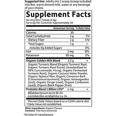 Garden of Life mykind Organics Golden Milk 30 servings supplement facts label