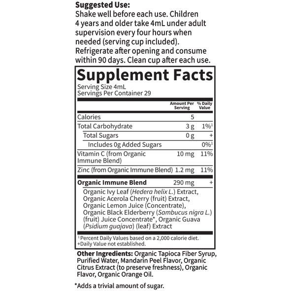 Garden of Life mykind Organics Kids Cough & Mucus Immune Syrup 3.92 fl oz supplement facts label