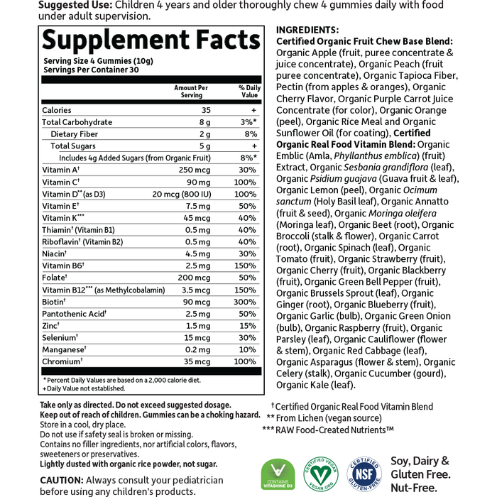 Garden of Life mykind Organics Kids Multi Cherry Gummies 120 gummy bears supplement facts label