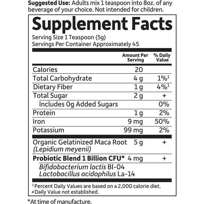 Garden of Life mykind Organics Maca Root Powder 7.93 oz supplement facts label