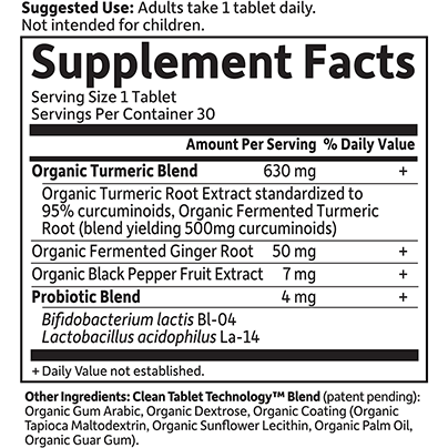 Garden of Life mykind Organics Maximum Strength Turmeric 30 tablets supplement facts label