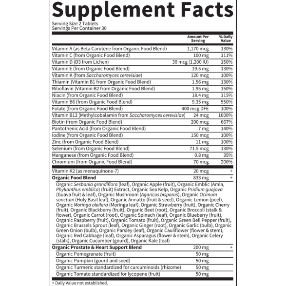 Garden of Life mykind Organics Men's Multi 40+ 60 tablets supplement facts label