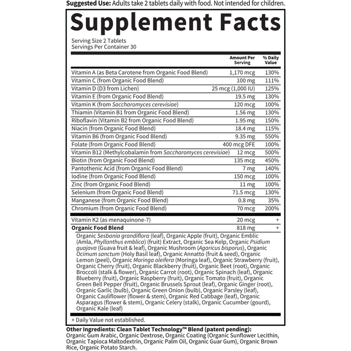 Garden of Life mykind Organics Men's Multi 60 tablets supplement facts label