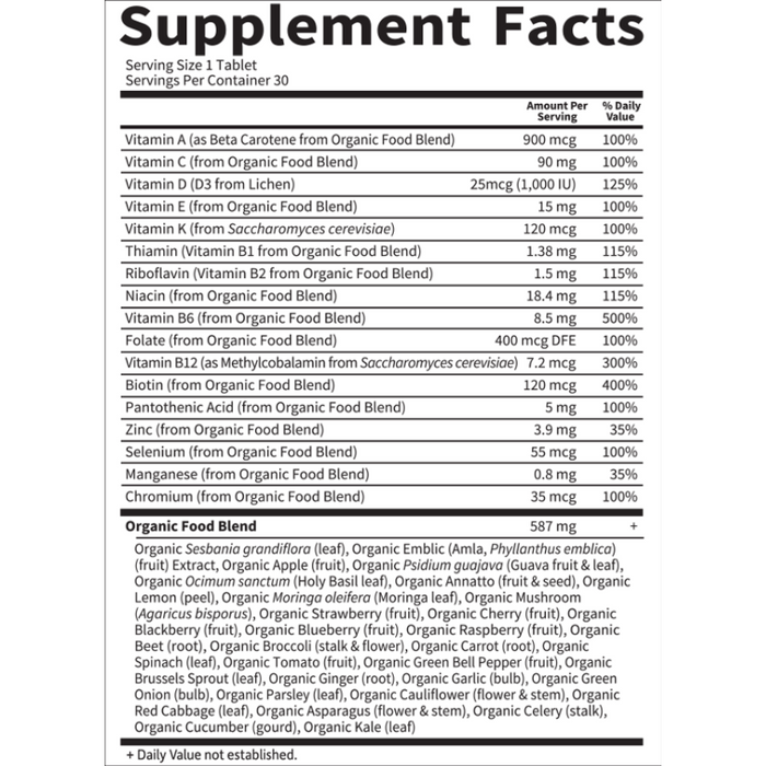 Garden of Life mykind Organics Men's Once Daily 30 tablets supplement facts label