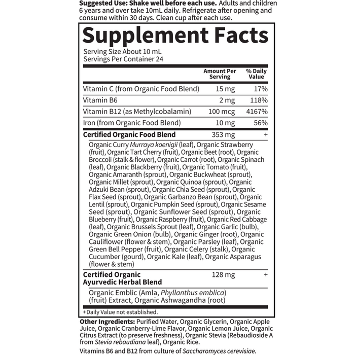 Garden of Life mykind Organics Plant Iron & Organic Herbs 8 fl oz supplement facts label